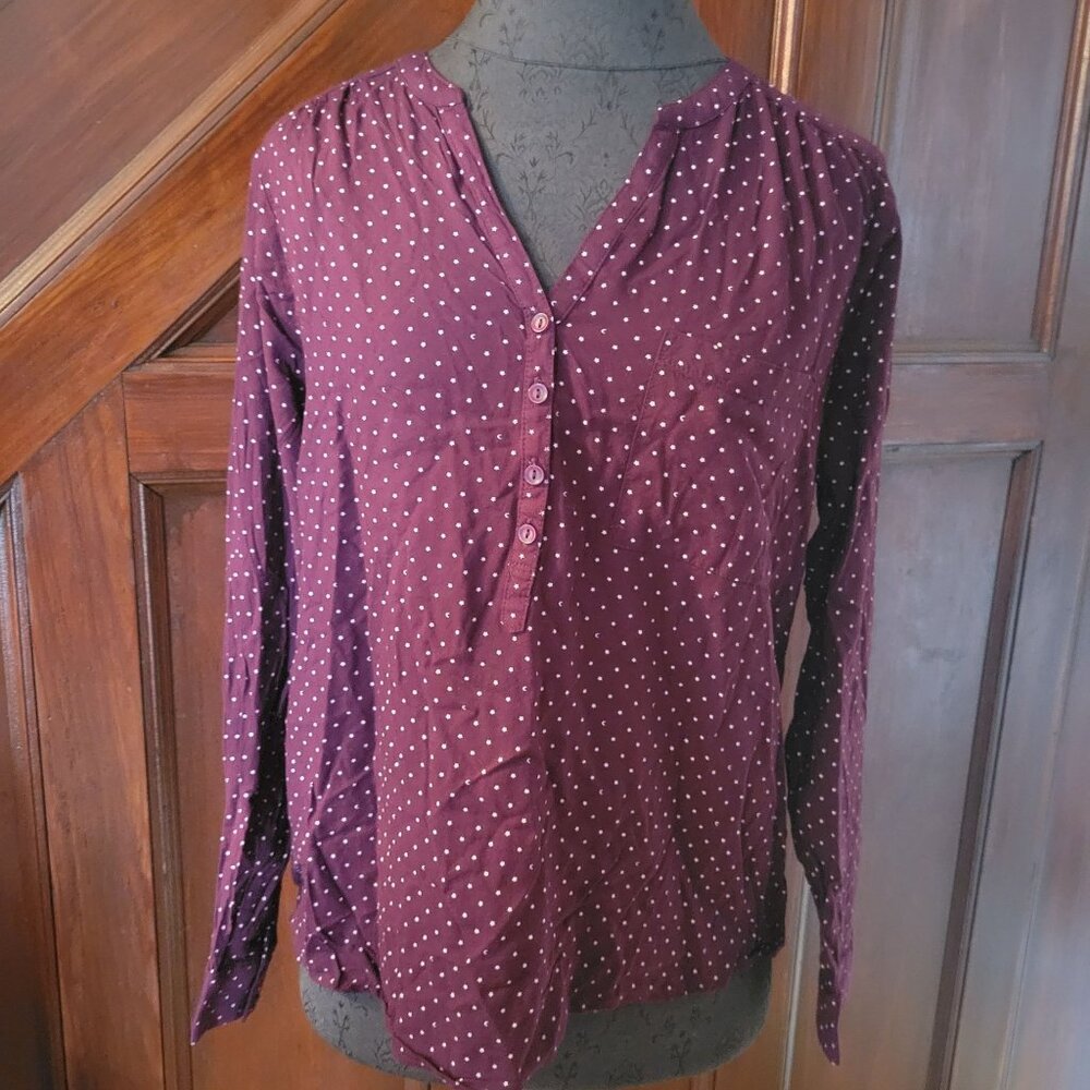 Womens Sonoma Lifestyle Burgundy Polka Dot Button-Up Blouse Size L